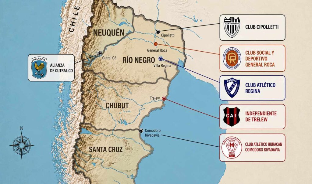 Mapa con todos los clubes argentinos de la Patagonia que jugaron en Primera División.